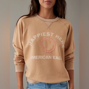 AE Funday Graphic Raglan-Sleeve Sweatshirt smiley world pullover‎ aerie neutral